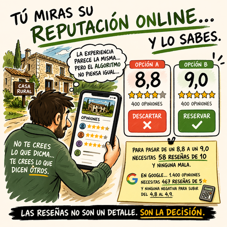 Ilustración sobre la importancia de la reputación online en turismo rural mostrando comparación entre valoraciones 8,8 y 9,0 y cómo influyen las opiniones en la decisión de reserva
