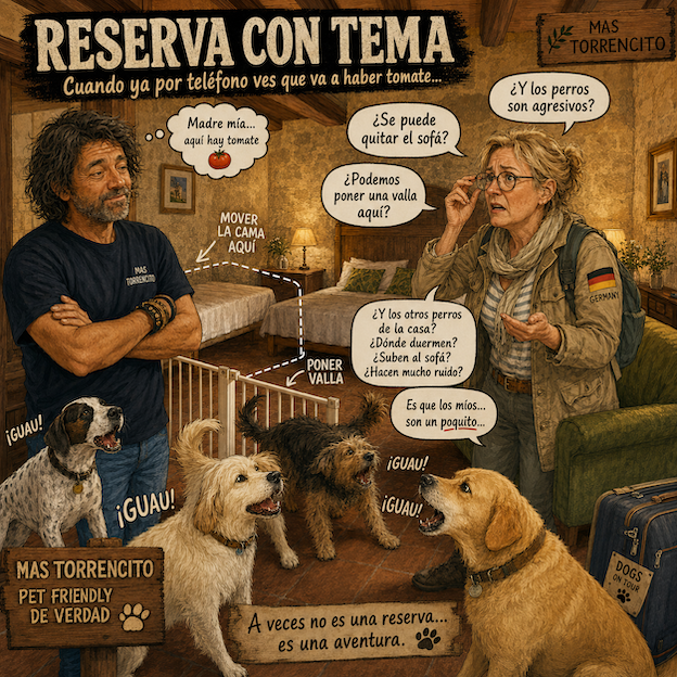 Ilustración humorística de una clienta con cuatro perros planteando cambios en una habitación de Mas Torrencito, casa rural pet friendly en Girona.