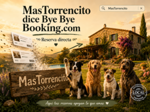 Perros de MasTorrencito, uno saludando con la pata, despiden a Booking.com y promueven la reserva directa.