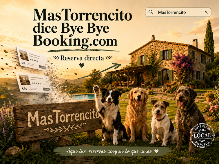 Perros de MasTorrencito, uno saludando con la pata, despiden a Booking.com y promueven la reserva directa.