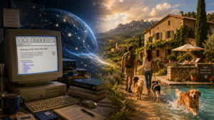 Ilustración de la revolución de Internet conectada con el turismo rural dog-friendly, con un ordenador antiguo, una casa rural y perros disfrutando en Mas Torrencito.