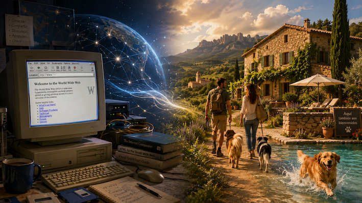 Ilustración de la revolución de Internet conectada con el turismo rural dog-friendly, con un ordenador antiguo, una casa rural y perros disfrutando en Mas Torrencito.