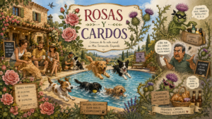 Ilustración de Rosas y Cardos con huéspedes, perros, piscina y anécdotas reales del turismo rural en Mas Torrencito, Girona.