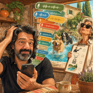 Ilustración de Miguel, anfitrión de Mas Torrencito, recibiendo audios interminables mientras una clienta pide camareros, piscina sin perros y servicios imposibles.