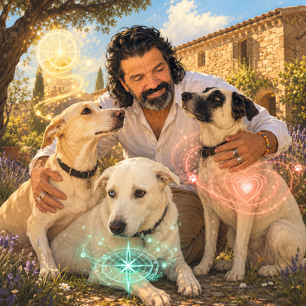 Ilustración de Miguel Chordi con sus tres perros en Mas Torrencito, representando sus superpoderes caninos: olfato, orientación y radar emocional.
