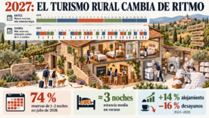 Ilustración del cambio en el turismo rural: más estancias de una o dos noches, entradas y salidas frecuentes y Miguel lavando y planchando sábanas en Mas Torrencito.
