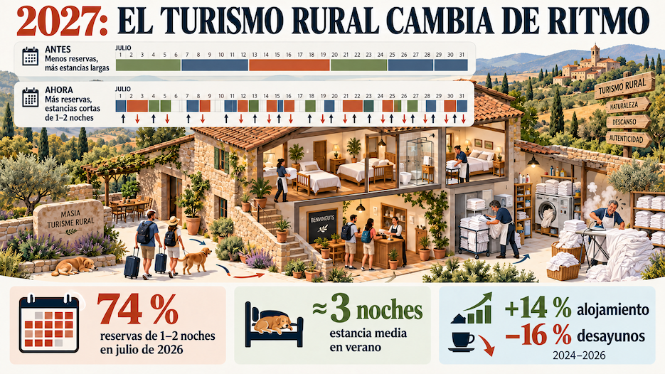 Ilustración del cambio en el turismo rural: más estancias de una o dos noches, entradas y salidas frecuentes y Miguel lavando y planchando sábanas en Mas Torrencito
