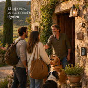 Anfitrión recibiendo a una pareja con perros en una casa rural de Girona
