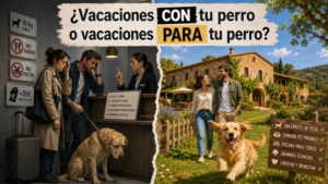 Ilustración comparativa entre un hotel con restricciones para perros y una casa rural pet friendly donde los perros disfrutan en libertad.