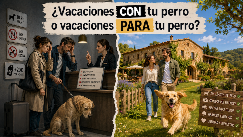 Ilustración comparativa entre un hotel con restricciones para perros y una casa rural pet friendly donde los perros disfrutan en libertad.