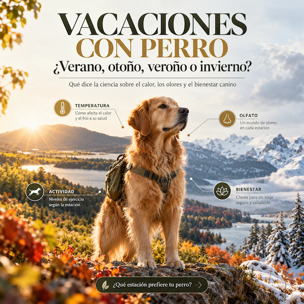 Perro en paisaje de varias estaciones con infografía sobre vacaciones con perro en verano, otoño, veroño e invierno.