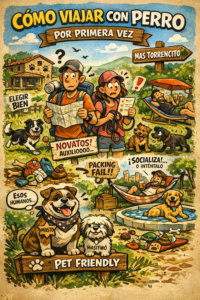 ilustración viajar con perro por primera vez en casa rural pet friendly Mas Torrencito Girona con consejos y perros felices