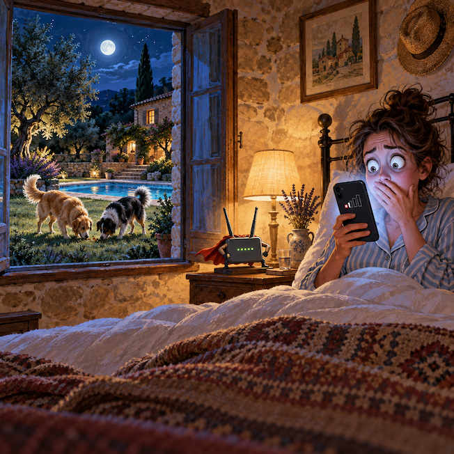 Ilustración satírica de una huésped preocupada por la cobertura WiFi desde la cama, mientras dos perros disfrutan del jardín y la piscina de Mas Torrencito.