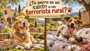 Ilustración de dos perros en una casa rural de Girona: uno limpio con aureola de santo y otro cubierto de barro haciendo travesuras. Test de personalidad canina de Mas Torrencito. Copiar